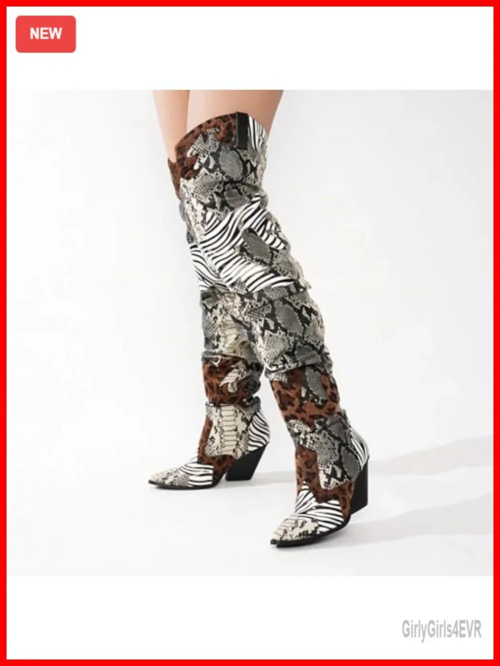 Thigh High Cowboy Boots with Chunky Heel - Faux Snakeskin Western Booties for